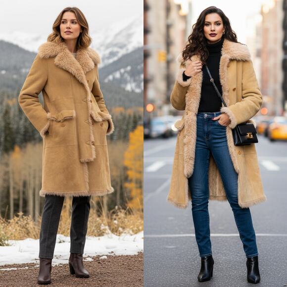 BCBGMaxAzria 100% Leather Sueded Shearling Coat Size Medium Old Money Mob Wife - Picture 1 of 13